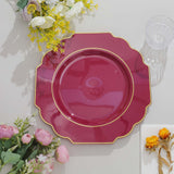 11inch Burgundy Heavy Duty Disposable Baroque Dinner Plates with Gold Rim, Hard Plastic Dinnerware