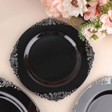 10 Pack | 8inch Black Silver Leaf Embossed Baroque Plastic Salad Dessert Plates