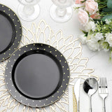 7.5inch Black With Gold Dot Rim Plastic Dessert Plates, Round Salad Disposable Tableware Plates