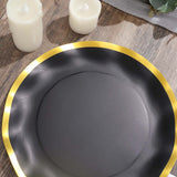 25 Pack | 10inch Matte Black / Gold Wavy Rim Disposable Dinner Plates, Round Paper Party Plates