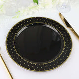 10inch Black / Gold 3D Disposable Dinner Plates With Dotted Rim Design, Round Plastic Party Plates