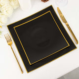 10 Pack | 8inch Black / Gold Concave Modern Square Plastic Dessert Plates, Disposable Salad Plates