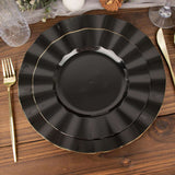 10 Pack | 11 Black Disposable Dinner Plates With Gold Ruffled Rim, Round Plastic Party Plates