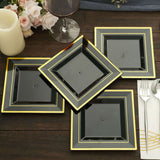 10 Pack | 7inch Gold Trim Black Square Plastic Salad Dessert Plates