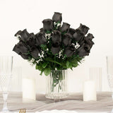 12 Bushes | Black Artificial Premium Silk Flower Rose Buds | 84 Rose Buds