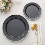 10 Pack | 10inch Black / Silver Beaded Rim Disposable Dinner Plates, Round Plastic Party Plates