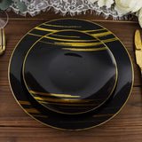 10 Pack | Black & Gold Brush Stroked 7inch Round Plastic Dessert Plates