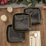 10 Pack | 7inch Black with Gold Rim Square Plastic Salad Party Plates, Dessert Appetizer Plates