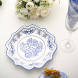 25-Pack Paper Dessert Plates in White with Light Blue Damask Floral Print & Scallop Rim