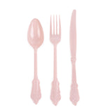 72 Pack Blush Plastic Silverware Set in Baroque Style, Heavy Duty Disposable Forks#whtbkgd