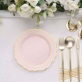 8inch Rose Gold Plastic Dessert Salad Plates, Disposable Tableware Round With Gold Scalloped Rim