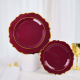 10 Pack | 10inch Burgundy Plastic Dinner Plates Disposable Tableware Round With Gold Scalloped Rim