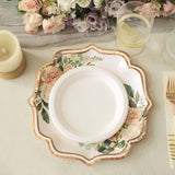 25 Pack | 10inch White / Rose Gold Floral Scallop Rim Dinner Paper Plates, Disposable Party Plates