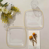 10 Pack | 7inch Clear with Gold Rim Square Plastic Salad Party Plates, Dessert Appetizer Plates