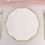 25 Pack | White 9inch Geometric Dinner Paper Plates, Disposable Plates With Gold Foil Rim