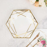 25 Pack | 9inch White / Gold Hexagon Dinner Paper Plates, Geometric Disposable Party Plates