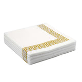 25 Pack White Linen-Feel Beverage Napkins with Gold Greek Key Print