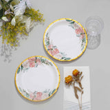 25 Pack | 7inch White Elegant Floral Design Gold Rim Paper Salad Plates