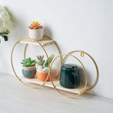 2-Tier Geometric Floating Shelf, Dessert Display Stand With Gold Double Hoop Design