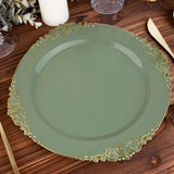 Dusty Sage Gold Leaf Embossed Baroque Plastic Dinner Plates, Disposable Vintage Round Dinner Plates