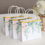 12 Pack White Pink Peony Flower Paper Party Favor Bags With Handles, Gift Goodie Bags With Gold Edge