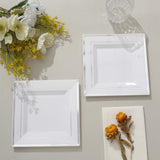 10 Pack - 7inch Silver Trim White Square Plastic Salad Dessert Plates