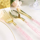 24 Pack | 8inch Metallic Gold With Blush Rose Gold Glitter Silverware Set, Modern Plastic Utensil