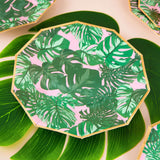 25 Pack | Tropical Palm Leaf 9inch Dinner Paper Plates, Disposable Plates Geometric With Gold Rim