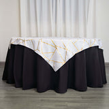 54"x54" White Polyester Square Table Overlay With Gold Foil Geometric Pattern