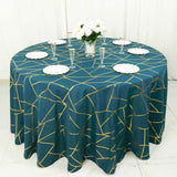 120inch Peacock Teal Polyester Tablecloth With Gold Foil Geometric Pattern