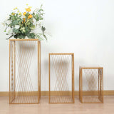 Set of 3 Gold Metal Square Floral Display Stands with Geometric Crossed Lines Pattern