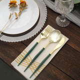 24 Pack | 8inch Metallic Gold With Hunter Emerald Green Silverware Set, Modern Plastic Utensil Set