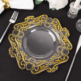 10 Pack Clear Gold European Style Disposable Dinner Plates Vintage Baroque With Scalloped Rim