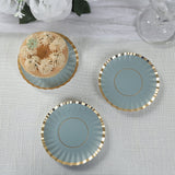 50 Pack Gold Scalloped Rim Mini Dessert Plates in Dusty Blue, Disposable Round Paper