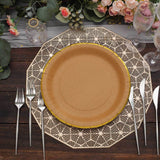 25 Pack | 10 Round Natural Brown Paper Dinner Plates With Gold Lined Rim, Disposable Party Plates