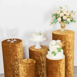 Set of 5 Gold Crushed Velvet Cylinder Pedestal Stand Covers, Premium Pillar Prop Covers