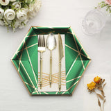 25 Pack | 9inch Hunter Emerald Green / Gold Hexagon Dinner Paper Plates, Geometric Party Plates