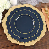 8inch Navy Blue Hard Plastic Dessert Appetizer Plates, Baroque Heavy Duty Salad Plates with Gold Rim