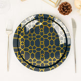 20 Pack Set | 9inch, 7inch Navy Blue Geometric Gold Print Plastic Plates