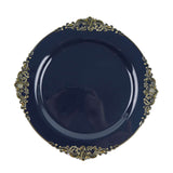 10 Pack 8inch Navy Blue Plastic Salad Plates With Gold Leaf Embossed Baroque Rim, Round Disposable