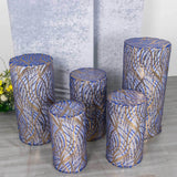 Set of 5 Royal Blue Wave Mesh Cylinder Pedestal Stand Covers with Embroidered Sequins, Premium