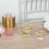 25 Pack 9oz Crystal Transparent Blush Short Disposable Tumbler Glasses with Gold Rim