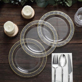 10 Pack | 7.5inch Clear Hammered Design Plastic Salad Plates With Gold Rim