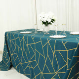 90x132inch Peacock Teal Rectangle Polyester Tablecloth With Gold Foil Geometric Pattern