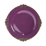 10-Pack Plastic 10inch Round Dinner Plates in Purple with Gold Leaf Embossed Rim Disposable