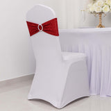 5 Pack Red Shimmer Tinsel Spandex Stretch Chair Sashes With Round Silver Rhinestone Chair Buckles