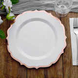 10inch White Plastic Dinner Plates Disposable Tableware Round With Rose Gold/Blush Scalloped Rim