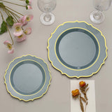 8inch Dusty Blue Plastic Dessert Salad Plates, Disposable Tableware Round With Gold Scalloped Rim