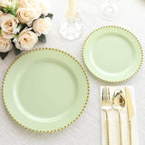 10 Pack Sage Green Disposable Party Plates with Gold Beaded Rim, 10inch Round Plastic Dinner Plates