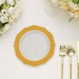 10 Pack | 8inch Gold / White Disposable Salad Appetizer Plates With Round Blossom Design